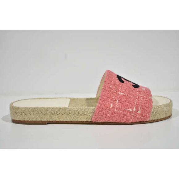 Chanel 20A Pink Tweed Black CC Logo Espadrille Slide Slip On Sandal Mule Flat 37 - Picture 2 of 12